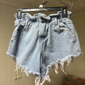 Princess Polly size 8 denim Jean paper bag high waisted shorts with frayed end